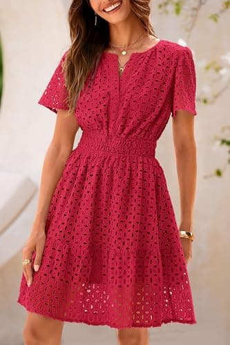 PRETTYGARDEN Womens 2025 Summer Short Dress V Neck Short Sleeve A Line Hollow Out Lace Ruffle Cute Casual Beach Party Dresses (Red,Medium) - Thumbnail 3