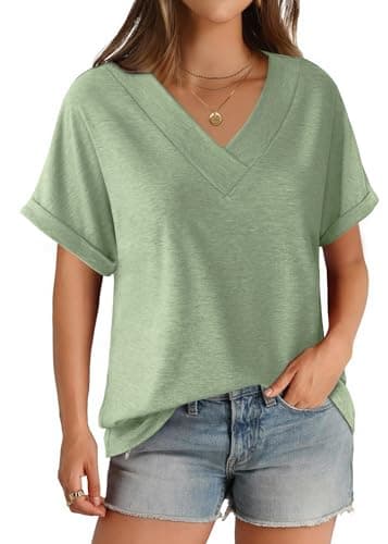 GKBK Womens Short Sleeve T Shirts V Neck Loose Fit Shirts Summer Casual Basic Tee Tops LightGreen XL - Image 1