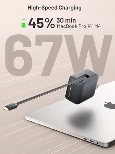 Omnibar USB C Retractable Wall Charger, 67W Max 3 in 1 GaN Fast Charging Block with Foldable Plug, Compact PD PPS USB C Charger Block for iPhone 17/16/15, Samsung Galaxy S26/S25, iPad, MacBook Air/Pro - Thumbnail 4