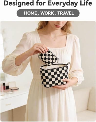 fahombag 2 Pcs Checkered Makeup Bag Set Corduroy Cosmetic Pouch for Women Large & Small Cute Preppy Aesthetic Black And White Travel Toiletry Pouch Organizer for Purse Skincare Brushes - Thumbnail 5