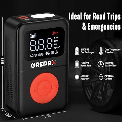 GREPRO Tire Inflator Portable Air Compressor, 160 PSI Portable Air Pump with Digital Pressure Gauge, LED Light, and Multiple Adapters for Car, Motorcycle, Bicycle, and Other Inflatables - Thumbnail 5