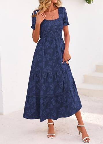 Lazysmile Women's Summer Boho Floral Maxi Dress Short Sleeve Square Neck Smocked Ruffle Elegant Wedding Guest Dress Navy - Thumbnail 6