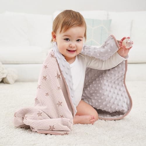 Susurration Baby Blanket for Unisex Boys Girls, Soft Nursery Minky Blanket with Muslin Cotton Front and Dotted Fleece Back, Receiving Blanket for Baby Newborn Infant, 30x40inch (Pink Star) - Thumbnail 2
