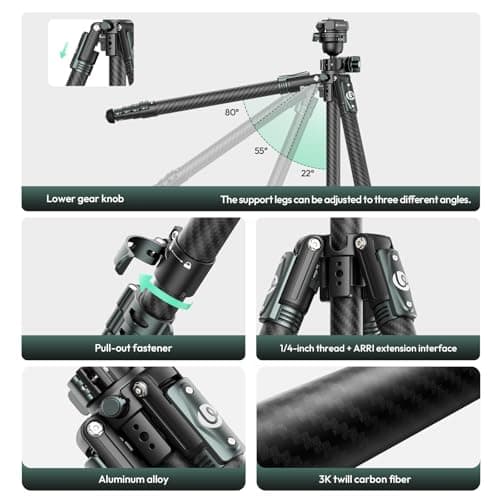 ULANZI JJ05 GlideGo Carbon Fiber Photo Tripod, Dual 360° Pan Head, 72.4 inch Max Height, 11 lb Load, UKA Quick Release, Professional Portable Lightweight Travel Tripod with Bag - Thumbnail 6