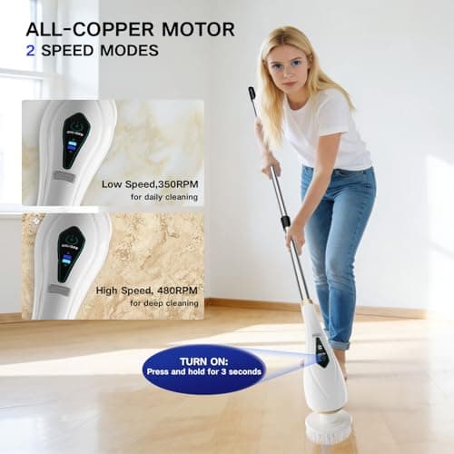 Hofenta Electric Spin Scrubber Cordless Shower Cleaning Brush with 10 Replaceable Brush Heads, Extendable Handle Up to 59", 2 Speed, Waterproof, 2H Cleaning Time for Bathroom Shower Tile Glass Car - Thumbnail 2