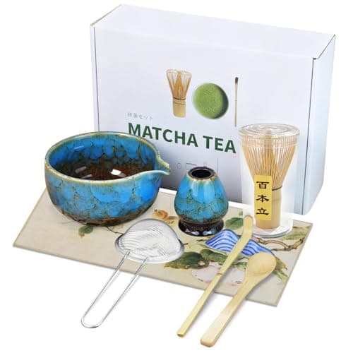 HEYMKGO Matcha Whisk Set 8 Pcs, Sapphire Blue Matcha Bowl with Spout, Bamboo Whisk & Holder, Scoop, Scoop Rest, Sifter, Bamboo Spoon & Tea Towel - Traditional Japanese Matcha Tea Ceremony Kit - Image 1