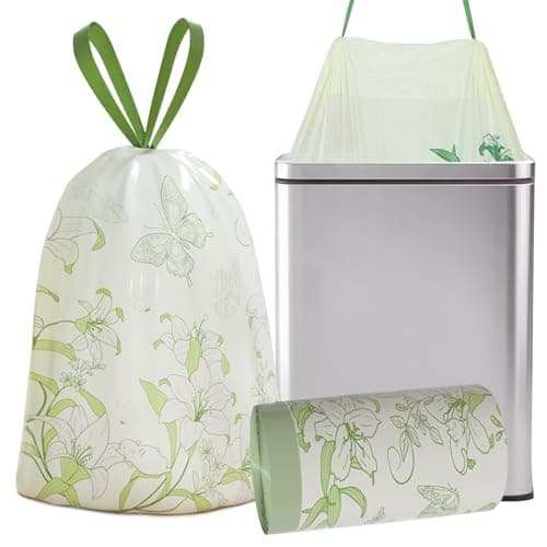 Trash Bags 13 Gallon with Drawstring & Lily Printed, Leakproof and Odor Control Garbage Bags 13 Gallon Tall Kitchen, Tear-Resistant Kitchen Trash Bags for Home, Portable Garbage Bags, 50 Count