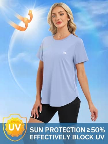 BKRIVE Workout Tops for Women Short Sleeve Sun Protection UPF 50+ Quick Dry Hiking Athletic Shirts SkyBlue L - Thumbnail 4