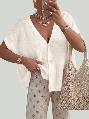 PRETTYGARDEN Batwing Short Sleeve Ribbed Knit Sweater Tops Oversized Button Up Shirt Women V Neck Light Weight Cardigan (White, Small) - Thumbnail 2