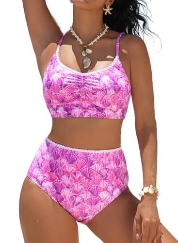 Herseas Women's Ruched Bikini Sets Seasell Printed High Elasticity Breathable Fast Dry Swim Suits 2026 High Waisted Tummy Control V Neck Bathing Suits Pink Trendy Vacation Outfits XX-Large - Image 1