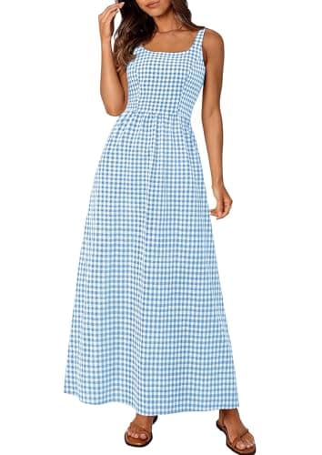 PRETTYGARDEN Women's 2026 Summer Spaghetti Strap Maxi Dresses Plaid Square Neck A Line Casual Beach Vacation Long Sundress (Dusty Blue,Medium) - Image 1