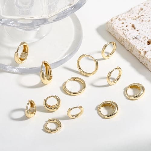 ALLHOLA 6 Pairs 14K Gold Plated Hoop Earrings for Women Hypoallergenic Small Huggie Hoops Earring Set for Sensitive Ears Non Tarnish Trendy Chunky Gold/Silver Earrings Cartilage Stacks for Multiple Piercing Jewelry Lightweight (Gold hoops) - Thumbnail 5