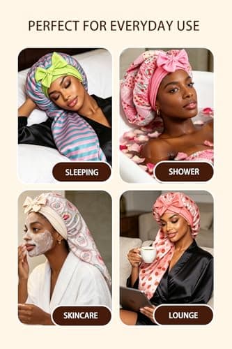 Vettres Extra Large Satin Bonnet for Braids & Locs, No Slip Tie Band Stays On All Night, Silky Sleep Cap Won’t Flatten Hair Red Green Stripes - Thumbnail 6