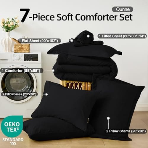 FUANNA Queen Comforter Set Black, 7 Pieces Soft Bedding Sets Queen Size, All Season Lightweight Bed in a Bag with Comforter, Flat Sheet, Fitted Sheet, Pillowcases & Shams - Thumbnail 4