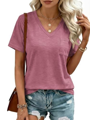 imesrun Womens V Neck Tshirts Short Sleeve Loose Casual Summer Tops with Pokcet - Image 1