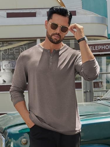 Hardaddy Men's Long Sleeve Henley Shirts Casual Color Block Henley Button T-Shirt Tops Brown XXL - Thumbnail 5