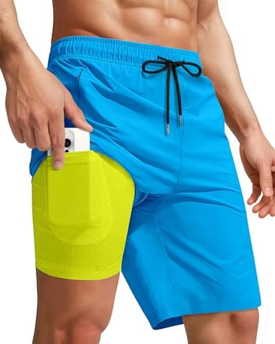 9 Inch Men Swim Trunks Compression Liner Quick Dry Swimwear Bikini Swimsuit Bathing Suit Water Beach Shorts Florida Voyages Nassau Cosaster Trip Traje Baño para Ropa De Playa Hombre Blue Yellow - Image 1