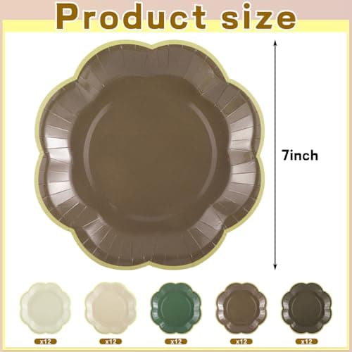 NatNarr 60 Pcs Woodland Baby Shower Party Plates, 7 Inch Scalloped Brown and Sage Green Paper Plates Forest Theme Cake Dessert Plate for Safari Baby Shower Decorations, Birthday - Thumbnail 2