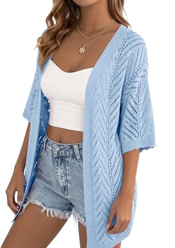 PRETTYGARDEN Women's Lightweight Summer Cardigans 2026 Short Sleeve Knit Crochet Coverups Spring Boho Beach Vacation Clothes (Light Blue,X-Large) - Thumbnail 3