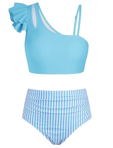 Seanrui Girls Swimsuits Size 10-12 Bikini Swimwear for Teens Kids Little Girls Bathing Suit with Swim Shorts Blue Stripes - Image 1
