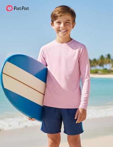 PATPAT Boys Rash Guard Swim Shirt Size 13-14 Years Light Pink Long Sleeve UPF 50+ Swimwear Youth Quick Dry Neon Active Water Tees for Surf Fishing Beach - Thumbnail 3