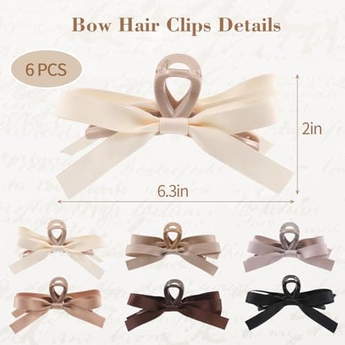 Auseibeely 6 PCS Silky Satin Bow Hair Clips, Non-Slip Clips for Thin and Thick Hair, Bows for Women, Girls, Weddings, and Bridesmaids - Thumbnail 2