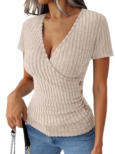 ANRABESS Women Long Sleeve V Neck Shirts,Light Khaki,S - Image 1