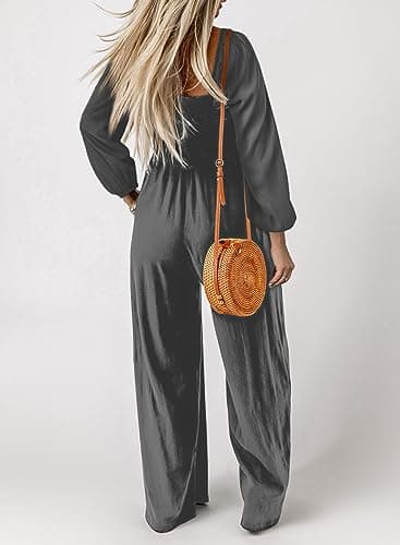 Dokotoo Womens Casual Loose Overalls One Piece Long Sleeve Jumpsuits for Women Stretchy Wide Leg Long Pant Rompers Jumpsuit with Pockets Small Gray - Thumbnail 3