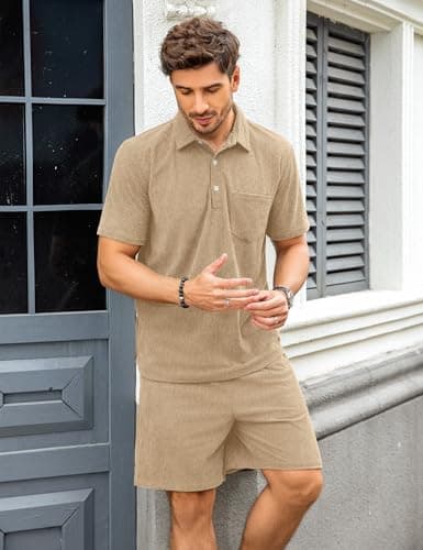 ZAFUL Mens Beach Outfit 2025 Corduroy 1/4 Button Polo Shirt Easter Outfits 2 Piece Set Summer Clothes Beige Large - Thumbnail 4
