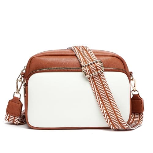 Crossbody Bags for Women, Small Cross Body Purse Vegan Leather Triple Zip Shoulder Handbag with Adjustable Wide Strap Beige & Brown - Image 1