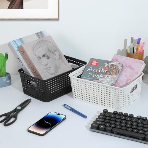 Plastic Storage Baskets 6 Pack Sturdy Storage Organizer Basket Woven Plastic Storage Bins for Shelves,Closet,Countertops, Desktops, Cabinets and Badrooms,Saving Storage, Stylish Design,White - Thumbnail 3