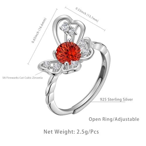 Birthstone Butterfly Opening Ring - 925 Sterling Silver Firework-Cut Cubic Zirconia January Garnet Adjustable Anniversary Engagement Promise Ring Birthday Jewelry Gift for Women Wife Daughter DR165J - Thumbnail 4
