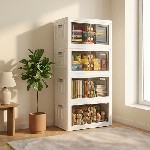 MOONEDGE 140QT Stackable Plastic Storage Bins with Lid & Handles, Foldable Collapsible Closet Organizer with Magnetic Doors and Side Locking, 4 Tier for Living Room, Office, Garages - Image 1