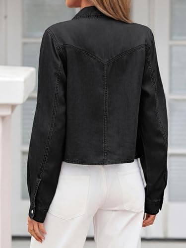 PRETTYGARDEN Women's Rolled 3/4 Length Sleeve Tie Knot Front Summer Tops V Neck Lapel Collar Button Down Modern Denim Shirts (Black, Medium) - Thumbnail 6