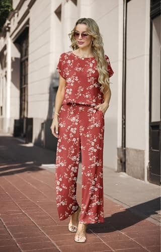 Lepunuo 2 Piece Outfits for Women Summer Wide Leg Pants Sets with Pockets - Thumbnail 3