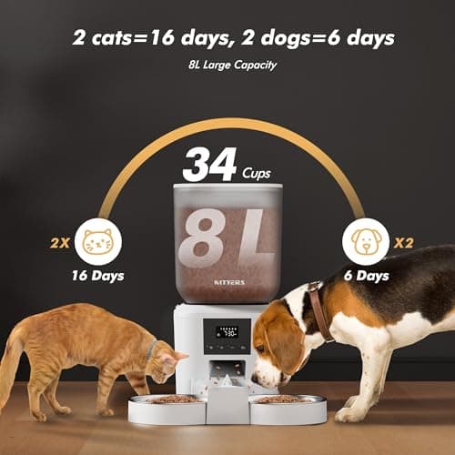 Automatic Cat Feeder for 2 Cats - 8L/34 Cups Large Capacity Auto Cat Food Dispenser with LCD Screen, 2 Food Trays, Timed Feeder, Up to 50 Portions 6 Meals Per Day, Keep Fresh - Thumbnail 2
