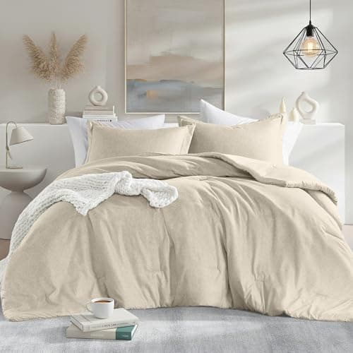 Regency Heights Full/Queen Size Comforter Set, Lightweight Neutral Soft Bedding for All Seasons, 3 Pieces Chambray Print Solid Farmhouse Bed Set, Comforter & Sham - Image 1