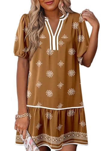 Dokotoo Chocolate Brown Dress Short Sleeve V Neck Boho Floral Mini Dress Floral Beach Resort Wear 2026 Spring Summer Casual Dresses for Women Ladies Clothing Outfits with Pockets Khaki - Image 1