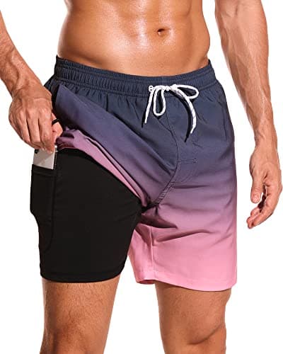 SILKWORLD Mens Swimming Trunks Quick Dry Bathing Suits 5 Inch Compression Liner Beach Swimsuit Shorts with Zipper Pockets, Pink Grey Gradient, XL - Image 1