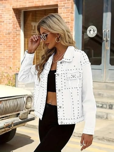 Huang's Women's Embellished Denim Jacket with Shiny Studs Non-Stretch Heavyweight Cotton, Classic Fit, Distressed Detailing Coat (US, Alpha, Medium, Regular, Regular, T228) - Thumbnail 5