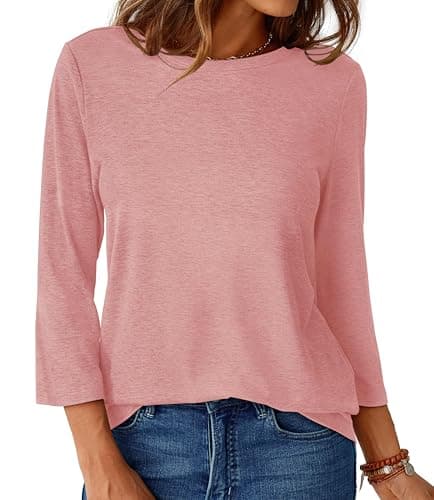 GKBK Womens Tops 3/4 Sleeve Shirts Round Neck Casual Blouses Basic Loose Fit Pullover Tshirts Dusty Pink M - Thumbnail 5
