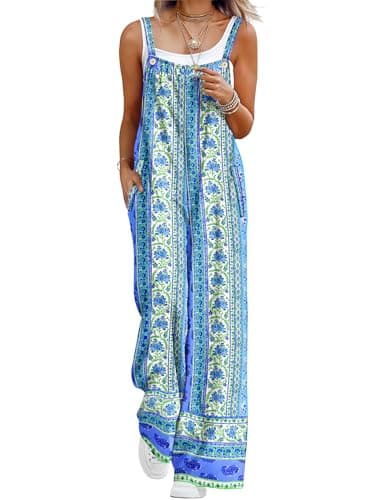 YESNO Casual Wide Leg Jumpsuits for women Summer Boho Bib Pants Overalls Floral Print Pleated Rompers with Pockets L PZL CR515 - Image 1