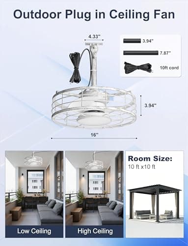 Phylluz Outdoor Ceiling Fan with Lights - 16'' Antique White Distressed Wet Rated Gazebo Fan Remote/APP Control, Caged Hanging Fan Plug and Play for Covered Patio Porch - Thumbnail 5