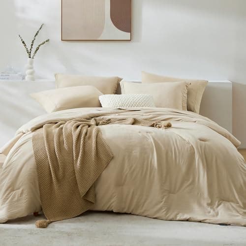 WRENSONGE Super King Plus Size Comforter Set- 7 Pieces Beige Bed in a Bag Super King Plus with Fitted Sheet, Flat Sheet, 2 Pillow Shams, and 2 Pillowcases- Warm Bed Set for All Season