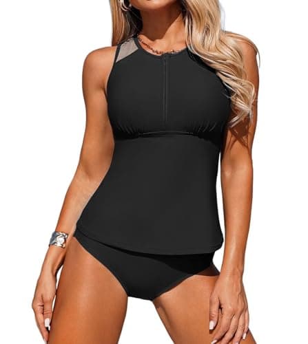 ZAFUL Black Tankini Swimsuits for Women, Tummy Control Flowy Athletic Tops, High Waisted Bottoms Modest 2 Piece Bathing Suits S - Image 1