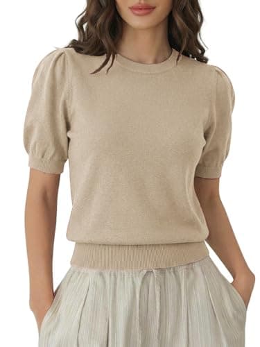 LaGracia Womens Cropped Sweater Puff Short Sleeve Spring Summer Work Tops Crew Neck Sweaters Apricot XL - Image 1