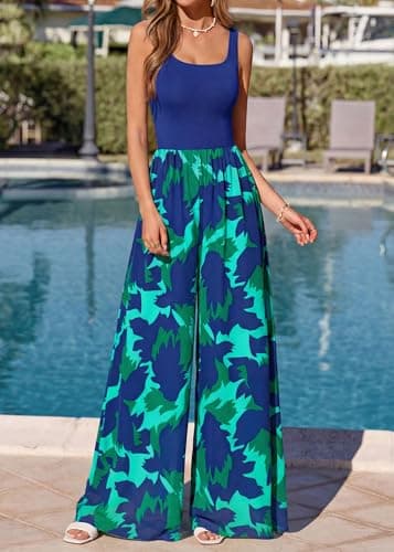 KIRUNDO Jumpsuits for Women Dressy 2026 Summer One Piece Sleeveless Boho Floral Wide Leg Romper Beach Vacation Cruise Outfits(Blue Green, XX-Large) - Thumbnail 5