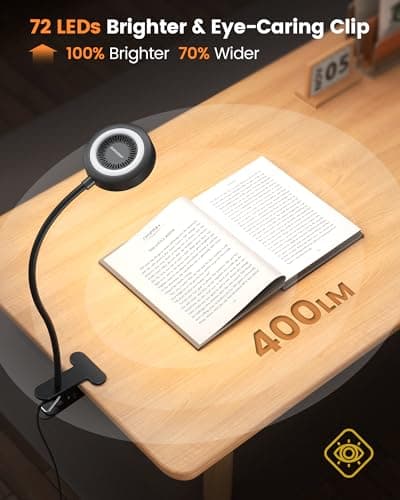 Glocusent 72 LED Clip on Lamp with Remote, Reading Light with Amber Ring, 3 Colors & 5 Dimmable Bed Lamp, 30/60-Min Auto Off Timer, Clamp Light for Headboard/Dorm/Bunk (Black) - Thumbnail 2