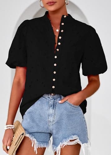 Lazysmile Summer Boho Tops for Women Short Sleeve V Neck Button Down Hollow Out Lace Embroidered Blouses Shirts Black - Thumbnail 6