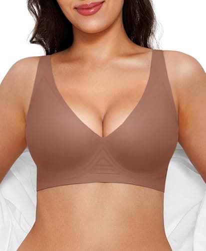 Wireless Push Up Bra Seamless Bras for Women Comfortable No Underwire Comfy Supportive Bralettes Deep V Tshirt Bra Coffee L